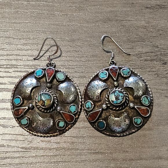 Vintage Tibetan Silver Round Earrings with Coral & Turquoise - Picture 1 of 6